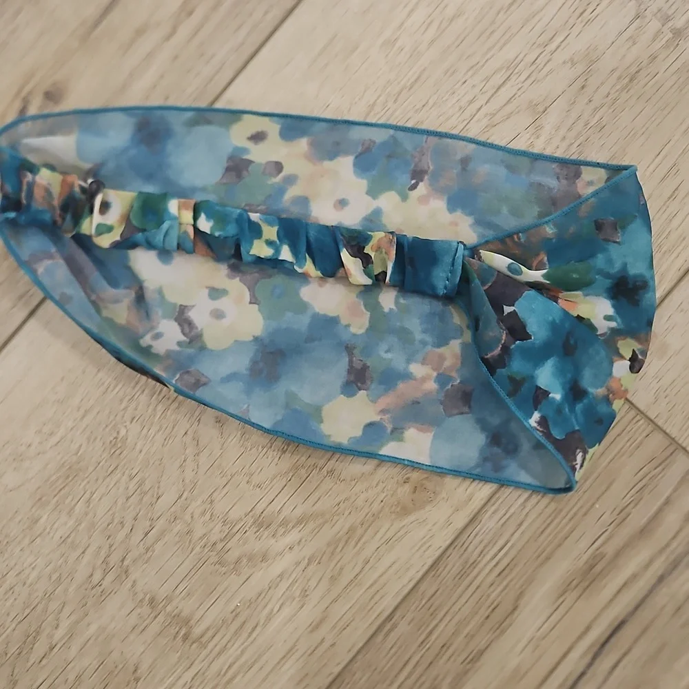 Floral Blue and Green Headband Chiffon Sheer Elastic Back